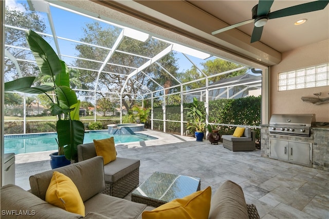 view of patio featuring ceiling fan, glass enclosure, a pool with hot tub, and grilling area