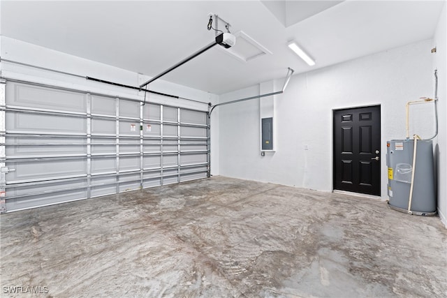 garage featuring water heater, electric panel, and a garage door opener