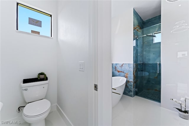 bathroom with toilet, tile patterned flooring, and plus walk in shower