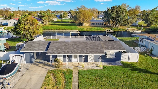 drone / aerial view featuring a water view