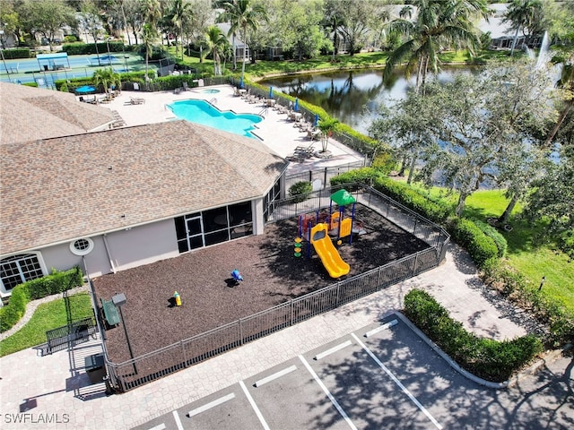 drone / aerial view with a water view