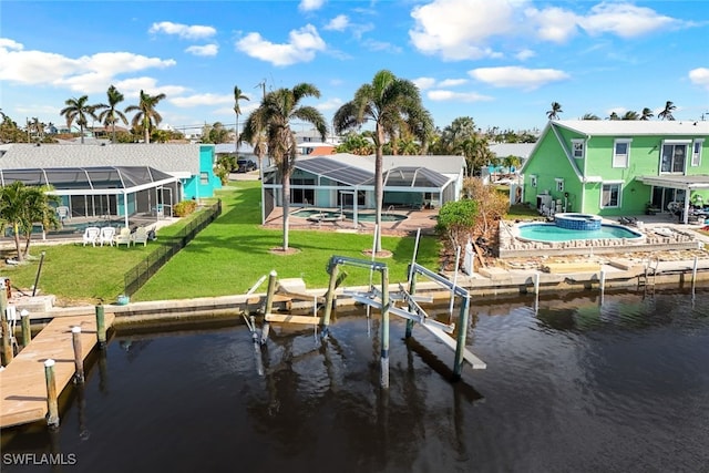 view of dock featuring a pool with hot tub, a water view, and glass enclosure