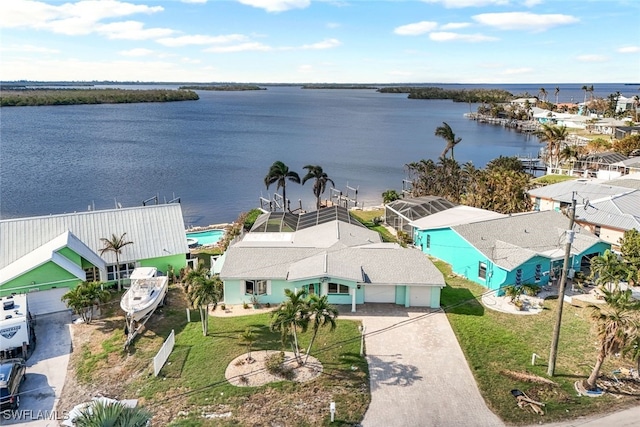 drone / aerial view with a water view