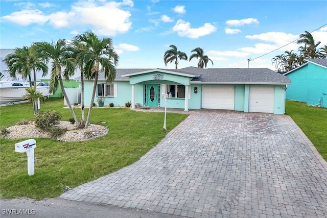 single story home with a garage and a front yard