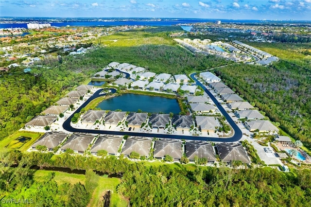 drone / aerial view featuring a water view