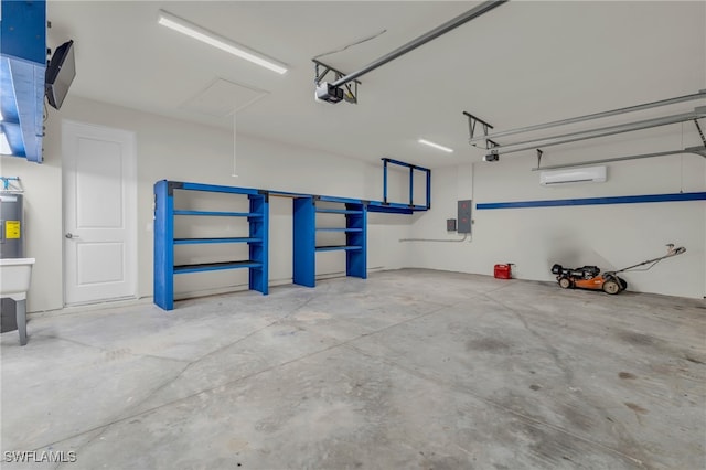 garage featuring a garage door opener, a wall unit AC, water heater, and electric panel