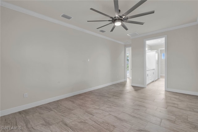 empty room with ornamental molding and ceiling fan