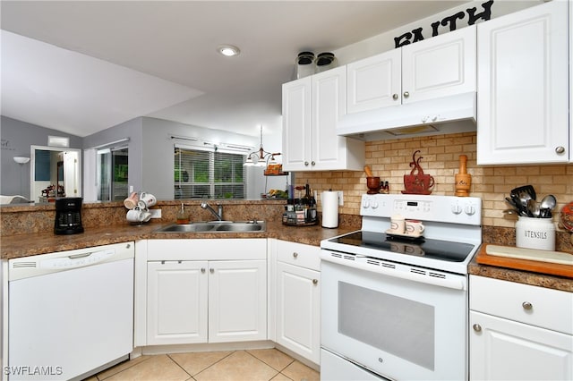 kitchen with sink, light tile patterned floors, white cabinetry, white appliances, and tasteful backsplash