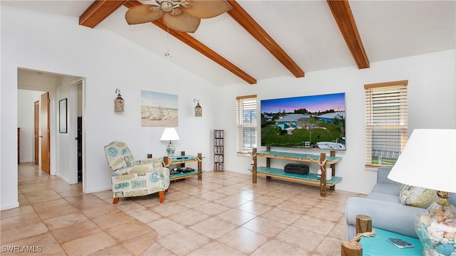 living room with lofted ceiling with beams and ceiling fan