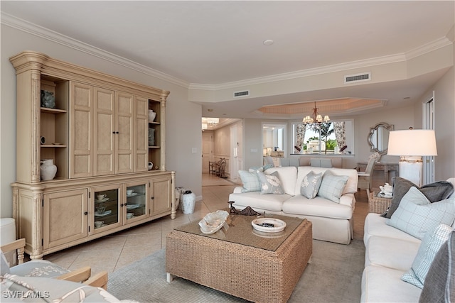 tiled living room with a chandelier and crown molding