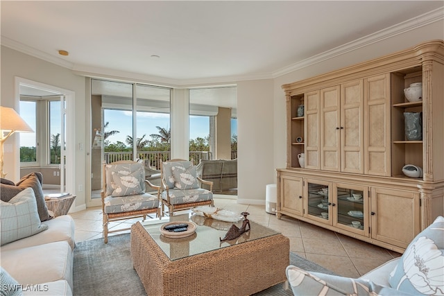 living room with light tile patterned floors, ornamental molding, and plenty of natural light