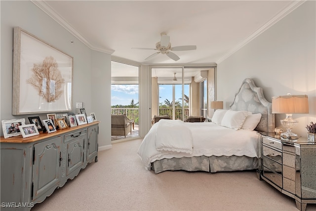 carpeted bedroom featuring ceiling fan, access to exterior, and crown molding