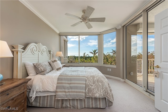 bedroom with ornamental molding, access to outside, light carpet, and ceiling fan