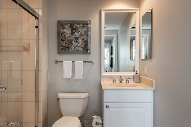 bathroom featuring toilet, vanity, and a shower with shower door