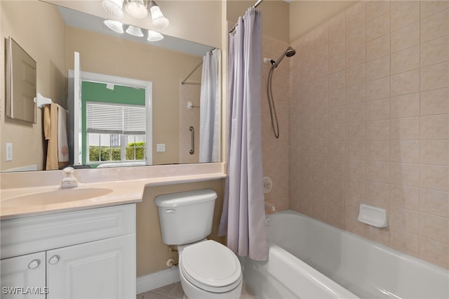 full bathroom featuring shower / tub combo with curtain, vanity, and toilet