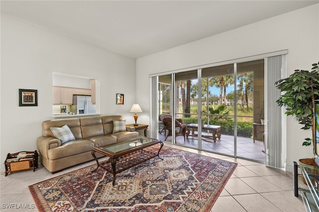 living room featuring light tile patterned flooring