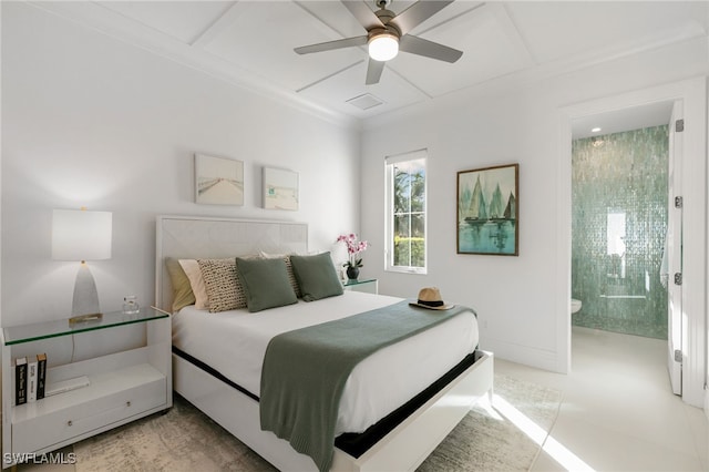 bedroom with ensuite bathroom, ceiling fan, and crown molding