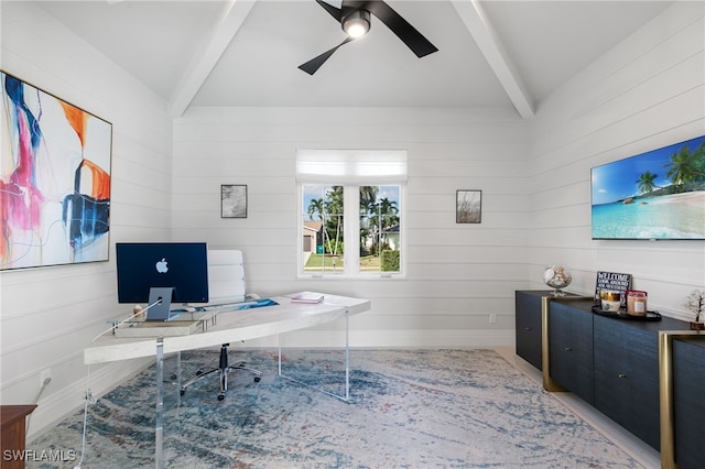 office with beam ceiling and ceiling fan