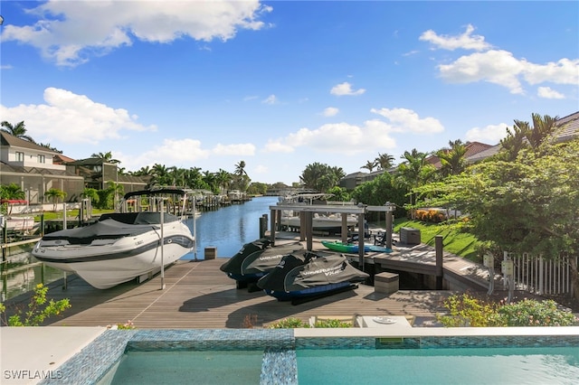 view of dock with a water view