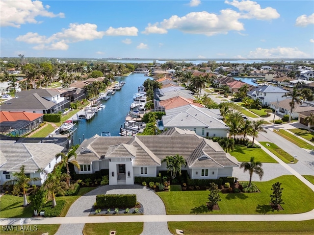 aerial view featuring a water view