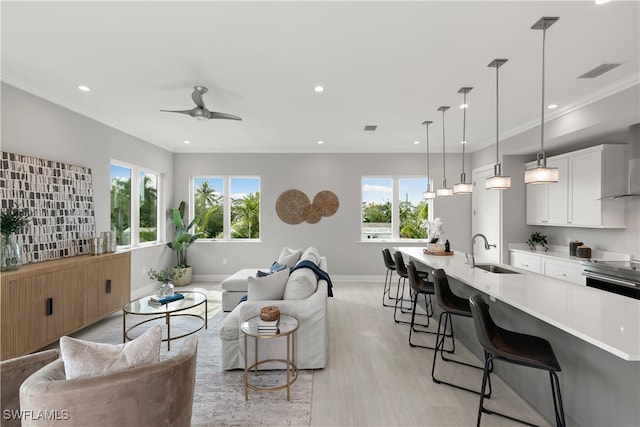 living room with a wealth of natural light, ornamental molding, sink, and light wood-type flooring