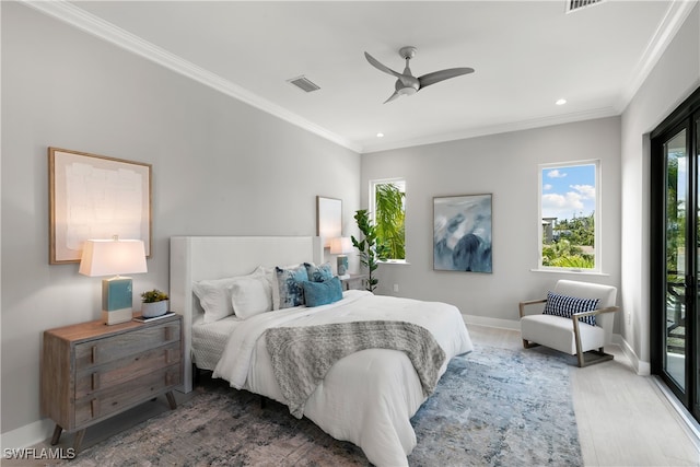 bedroom with ornamental molding, hardwood / wood-style floors, access to exterior, and ceiling fan