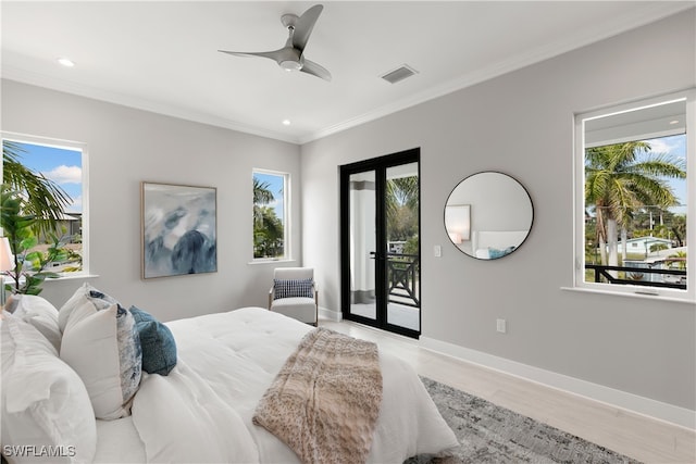 bedroom with ceiling fan, crown molding, access to outside, and light hardwood / wood-style flooring