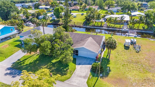 bird's eye view with a water view