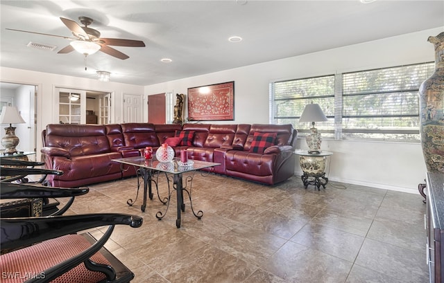 living room with ceiling fan