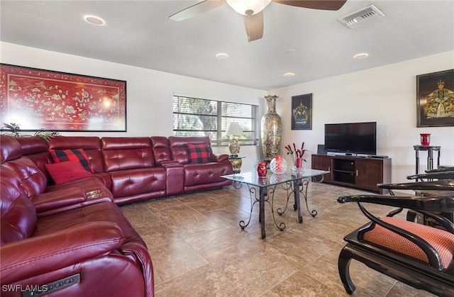 living room featuring ceiling fan