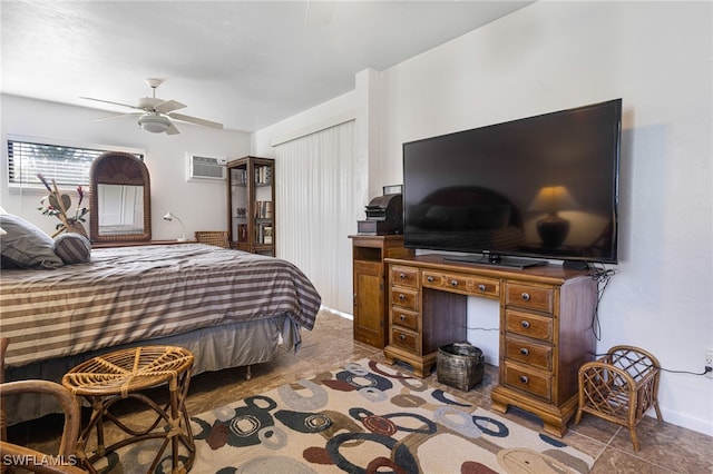 bedroom featuring ceiling fan and a wall mounted AC