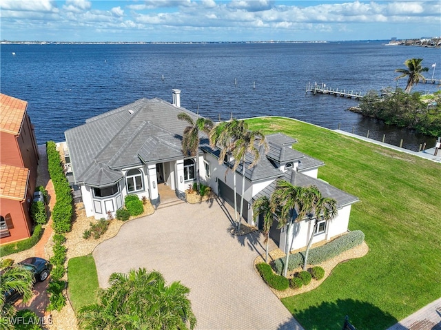 aerial view featuring a water view