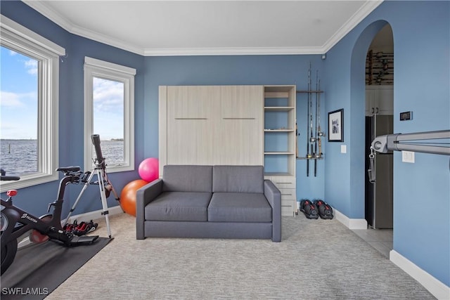 workout area featuring baseboards, arched walkways, crown molding, and light colored carpet