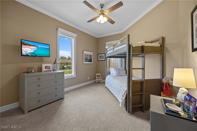 bedroom with baseboards, a ceiling fan, light colored carpet, and crown molding