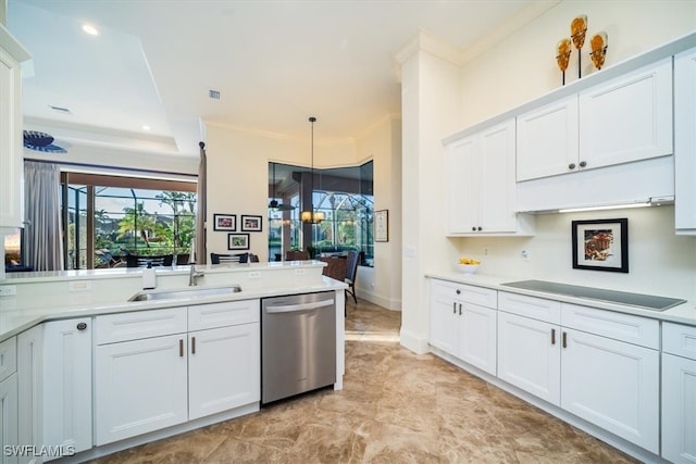 kitchen featuring dishwasher, crown molding, sink, pendant lighting, and white cabinets