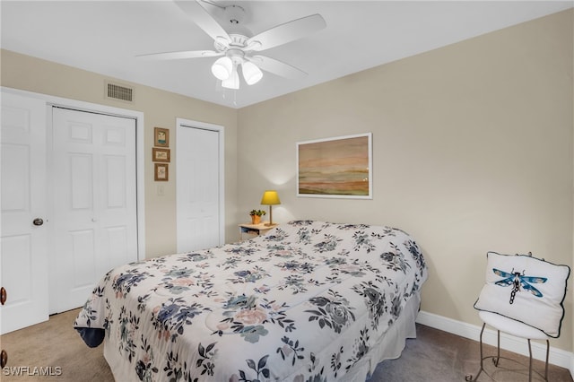 carpeted bedroom with ceiling fan