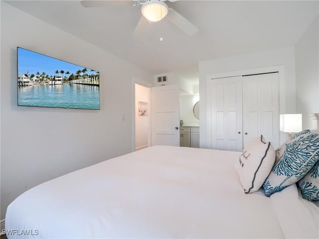 bedroom featuring a ceiling fan, a closet, and visible vents