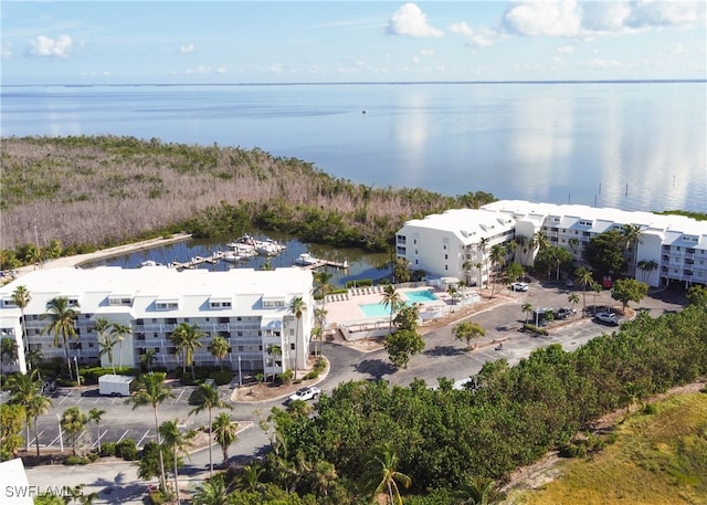 bird's eye view with a water view