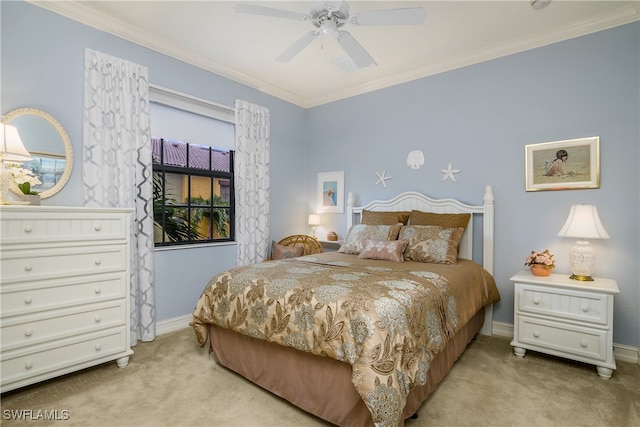 bedroom with ceiling fan, crown molding, and light carpet