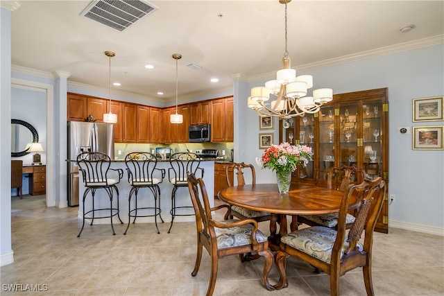 dining area with light tile patterned floors, crown molding, and a chandelier