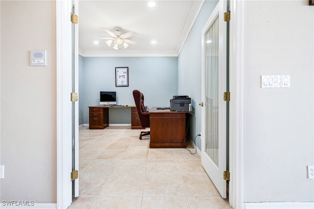 office featuring crown molding, ceiling fan, and light tile patterned flooring