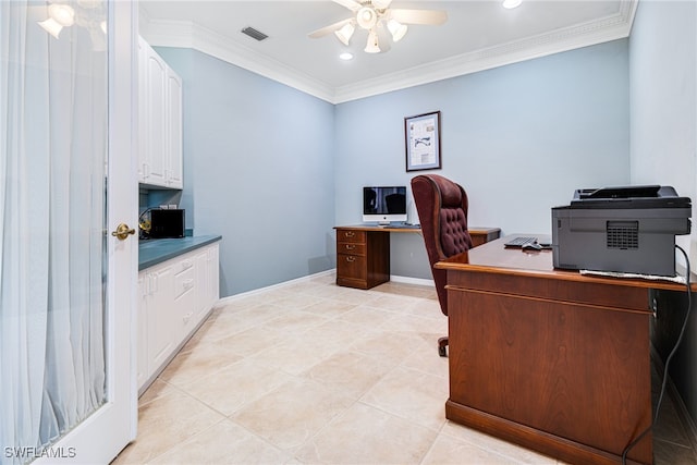 tiled office featuring ceiling fan and crown molding