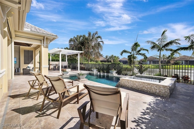 view of pool featuring a pergola, pool water feature, a patio area, and an outdoor hot tub