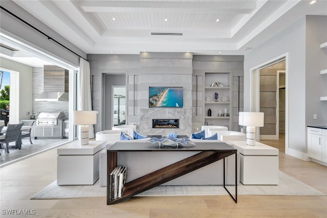 living room with built in shelves, a tray ceiling, light hardwood / wood-style flooring, and a premium fireplace