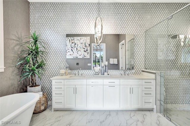 bathroom with vanity and plus walk in shower