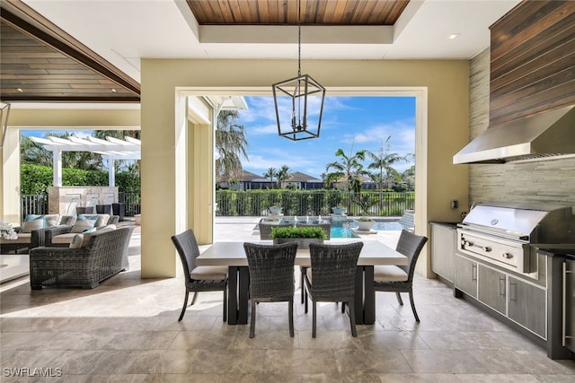 dining space with a chandelier, wood ceiling, and a tray ceiling