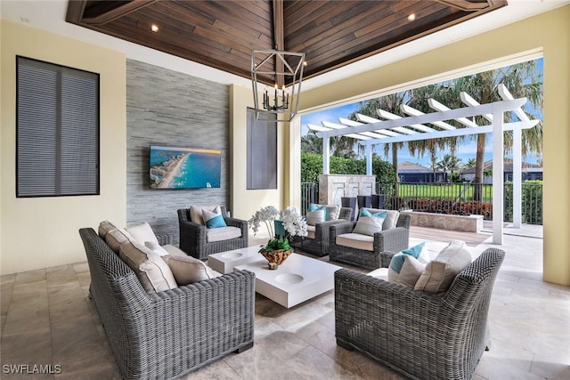 view of patio / terrace with an outdoor hangout area and a pergola