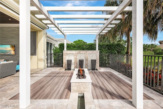 deck featuring outdoor lounge area and a pergola