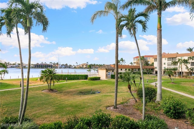 view of community featuring a lawn and a water view