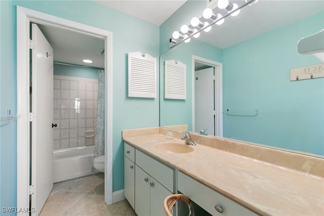 full bathroom featuring tile patterned flooring, vanity, shower / bath combo with shower curtain, and toilet